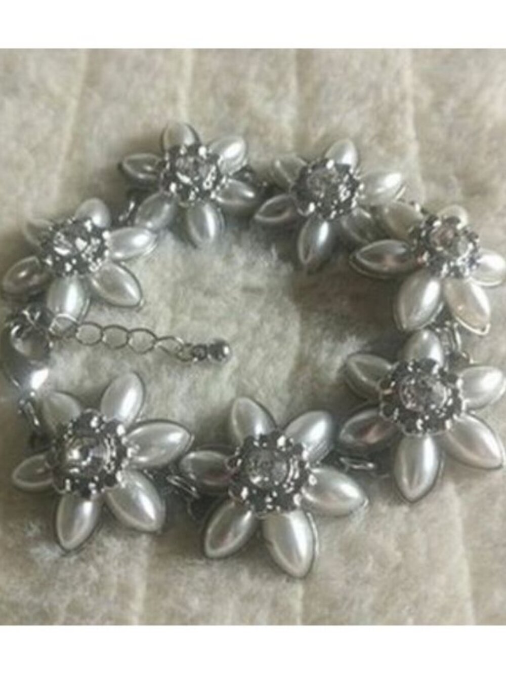 Vintage Faux Pearl Beaded Floral Bracelet Clear Crystal Flower Bridal Wedding
